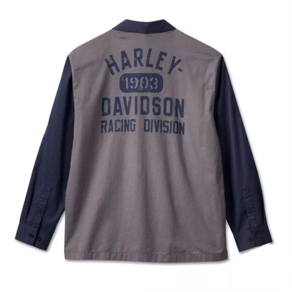 New HARLEY DAVIDSON Racing Colorblock Button Up Long Shirt Gray Navy Men’s M - Picture 2 of 4